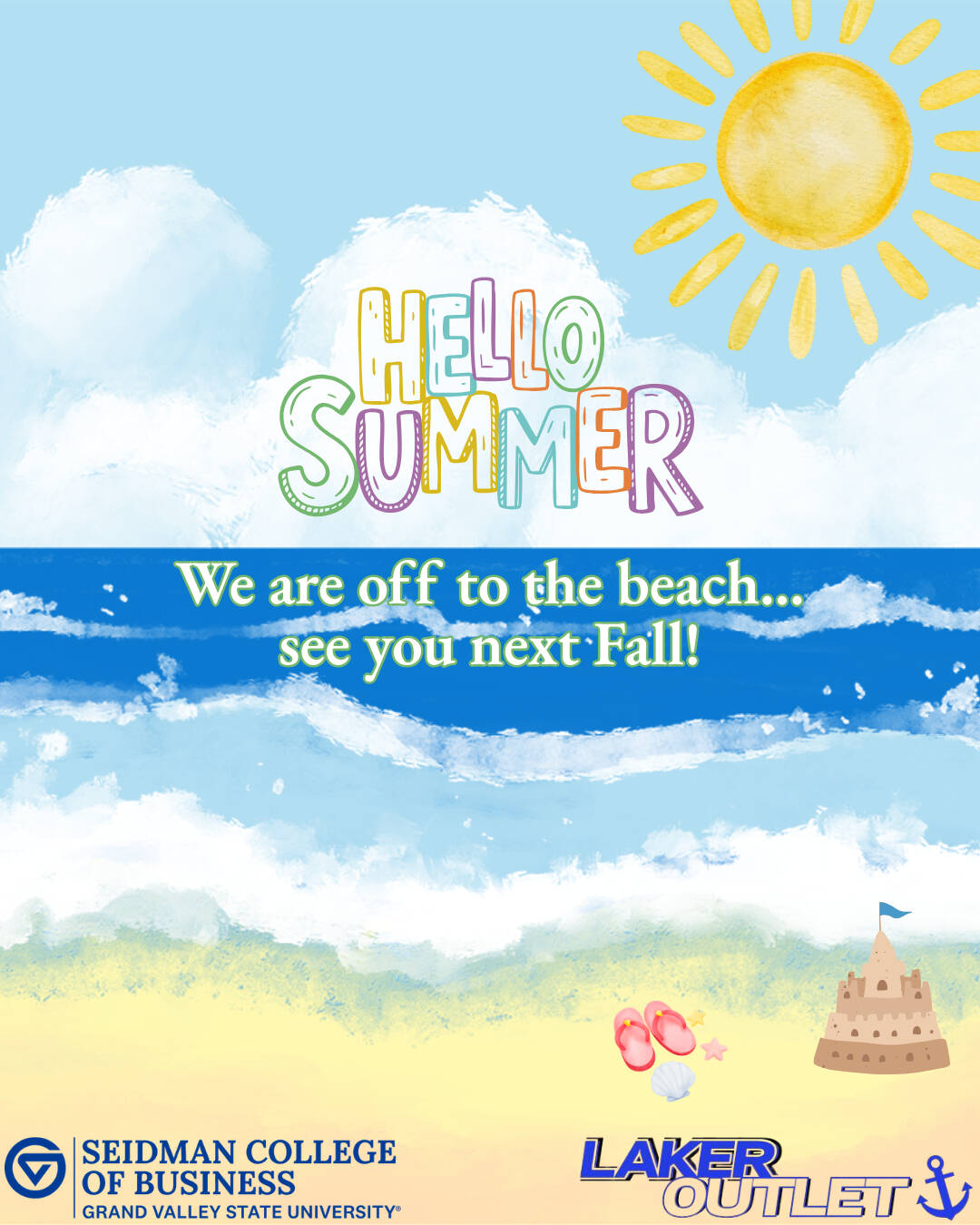Out-for-the-Summer beach-scene flyer. We will be back in the fall!